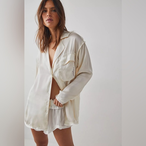 NWT FREE PEOPLE INTIMATELY Like Honey PJ ShirtPastel Parchment/Pearl MSRP $68